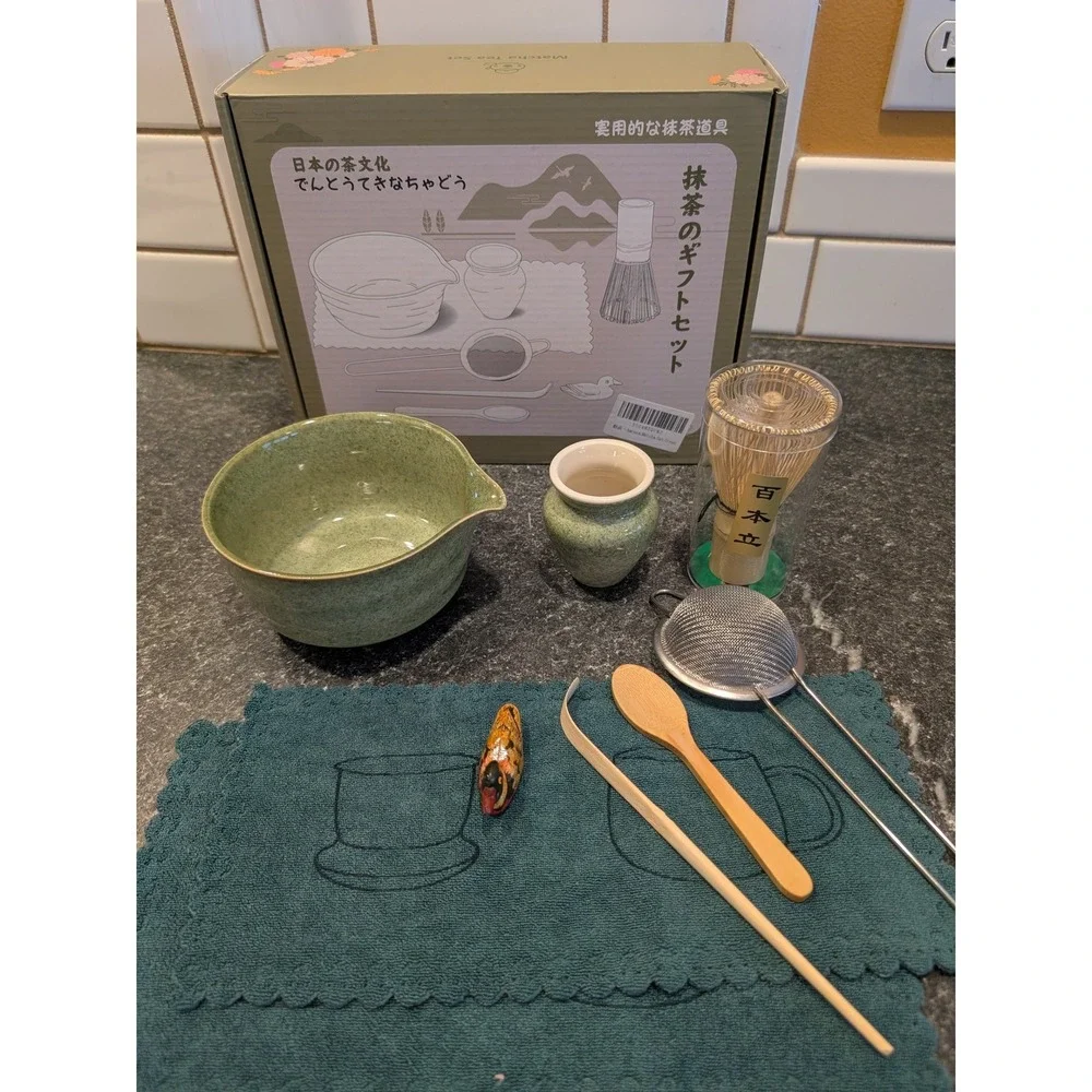 9pc Japanese Matcha Tea Set Bamboo Whisk Ceramic Bowl Scoop Sieve Green